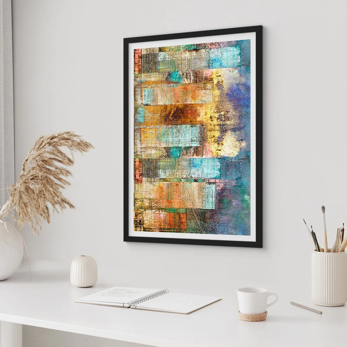 Plakat i sort ramme - Akvarel rokke i blå nuancer på en lys baggrund - 50x70cm - Solrig metropol - Moderne vægdekoration til stue og soveværelse ARTTOR