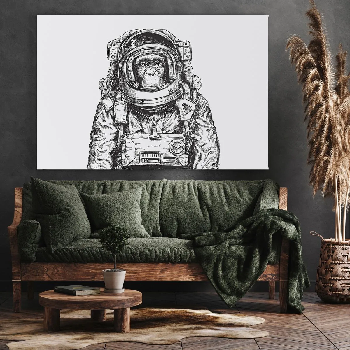 Lærredstryk - Billede på lærred - Grafik af en astronaut i en rumdragt med et abehoved - 70x50cm - Alternativ evolution - Moderne vægdekoration til stue og soveværelse ARTTOR