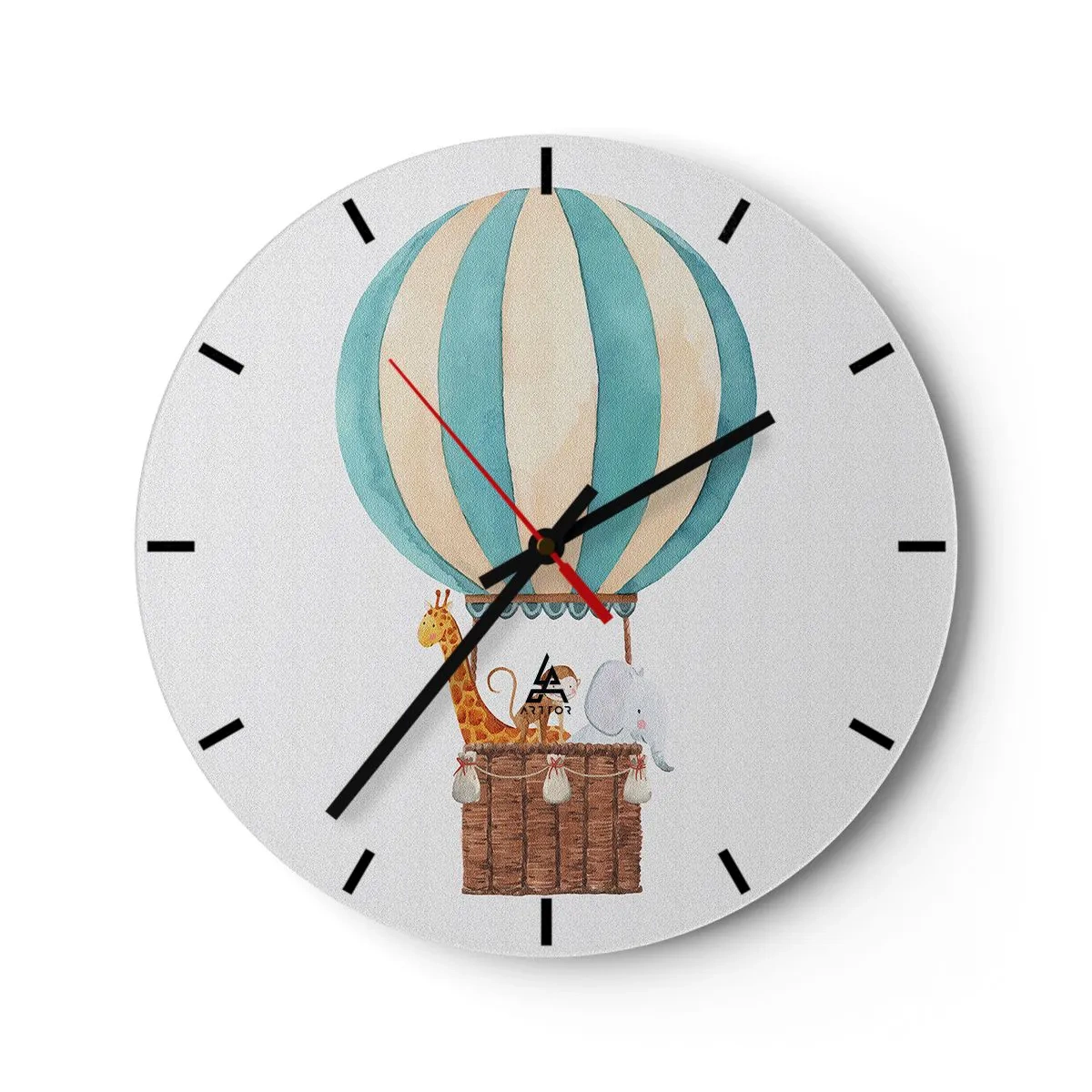 Vægur, Uret - En ballon med en giraf og en elefant, der svæver i skyerne - 30x30cm - Fantastisk tur - Moderne vægdekoration til stue, køkken og soveværelse ARTTOR