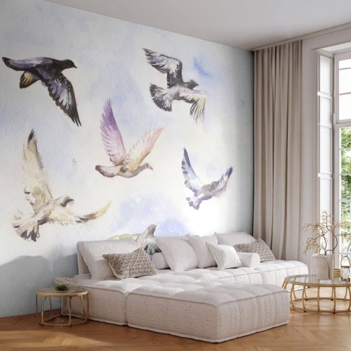 Fototapet Premium Sand - Frihed i grå og blå - Fugle, Grafik, Stykke - 250x175 cm