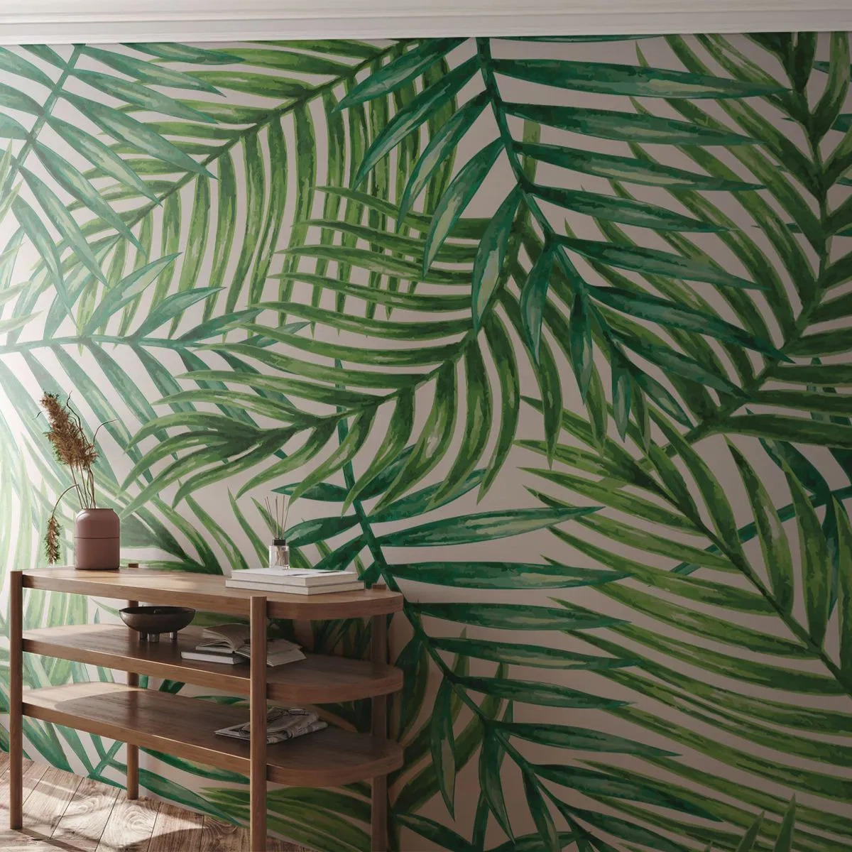 Fototapet Standard Eco - Under det grønne baldakin - Abstraktion, Palmeblad, Kokospalme - 300x210 cm