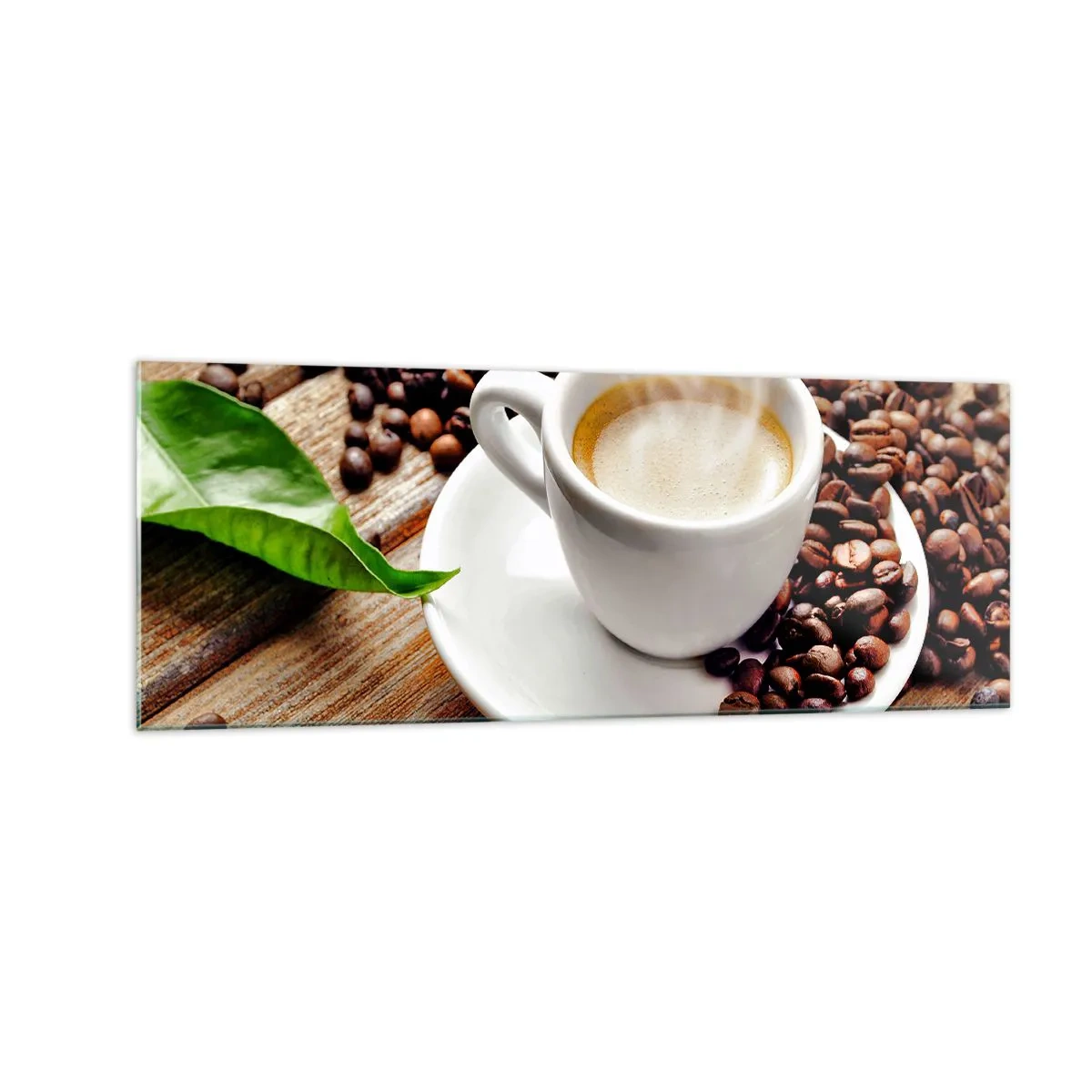 Billede på glas - Kaffe på bænken - 140x50 cm