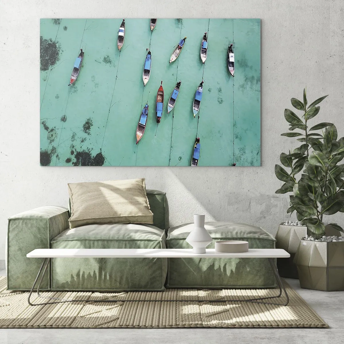 Billede på glas - Både på turkisblåt vand set ovenfra - 70x50cm - I glædelig forventning - Moderne vægdekoration til stue og soveværelse ARTTOR