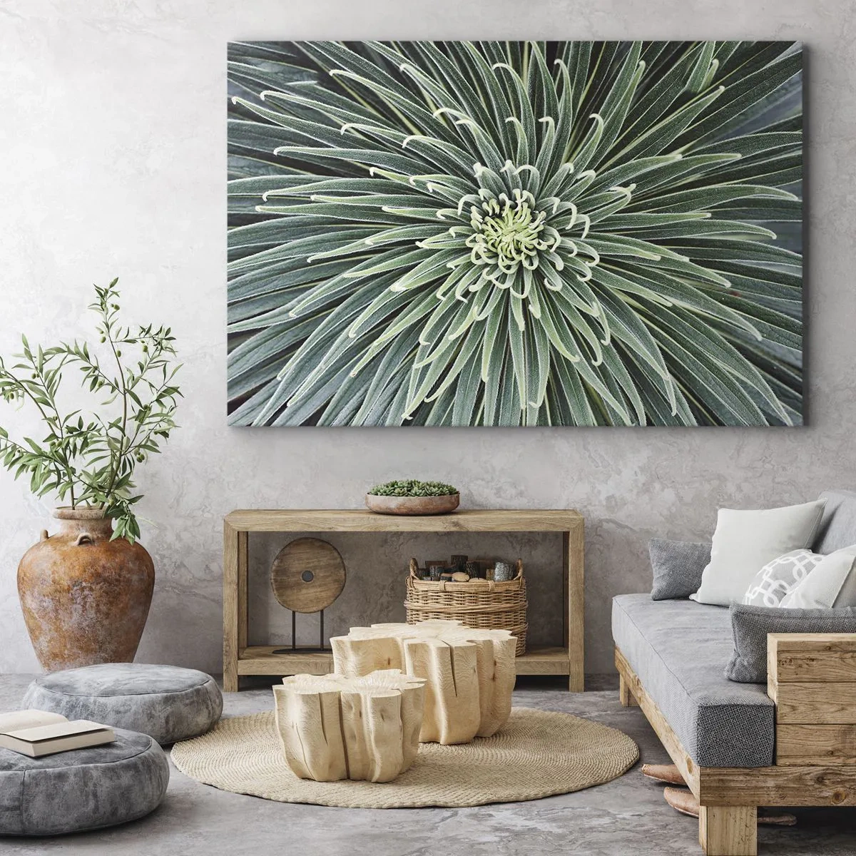 Lærredstryk - Billede på lærred - Symmetrisk arrangement af grønne blade, der ligner en stjerne - 70x50cm - En stjernes fødsel - Moderne vægdekoration til stue og soveværelse ARTTOR