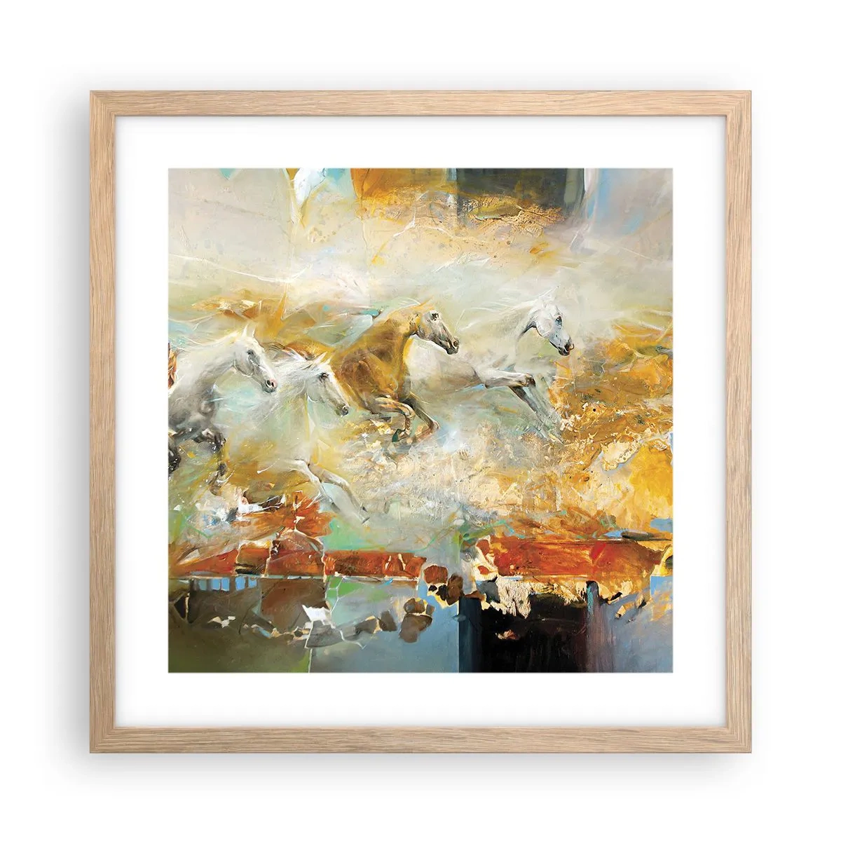 Plakat i ramme af lyst egetræ - Galopperer gennem lyset - 40x40 cm