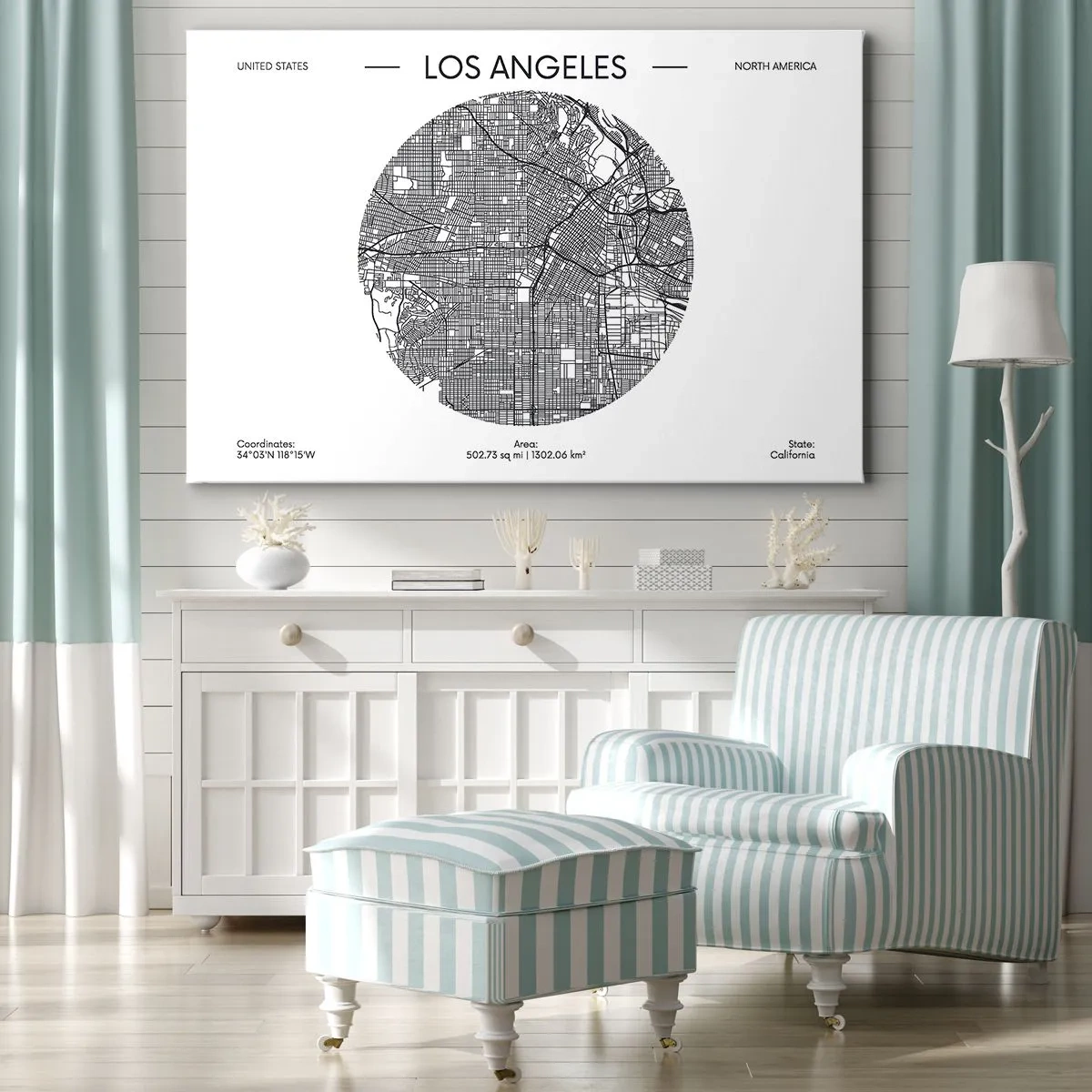 Lærredstryk - Billede på lærred - Et kort over Los Angeles i minimalistisk sort-hvid stil - 70x50cm - Los Angeles' anatomi - Moderne vægdekoration til stue og soveværelse ARTTOR