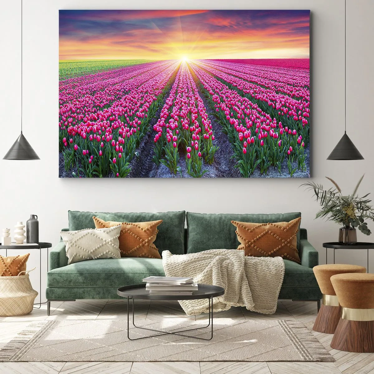 Lærredstryk - Billede på lærred - Et felt af tulipaner ved solnedgang - 70x50cm - Skønhedsfarm - Moderne vægdekoration til stue og soveværelse ARTTOR