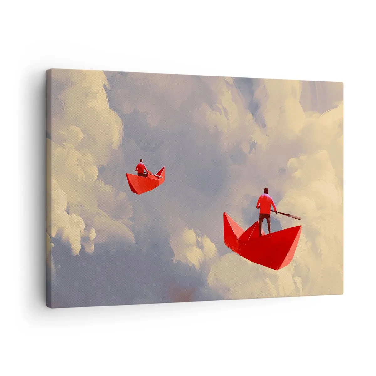 Lærredstryk - Billede på lærred - Røde papirbåde svæver i skyerne - 70x50cm - Drømmernes ekspedition - Moderne vægdekoration til stue og soveværelse ARTTOR