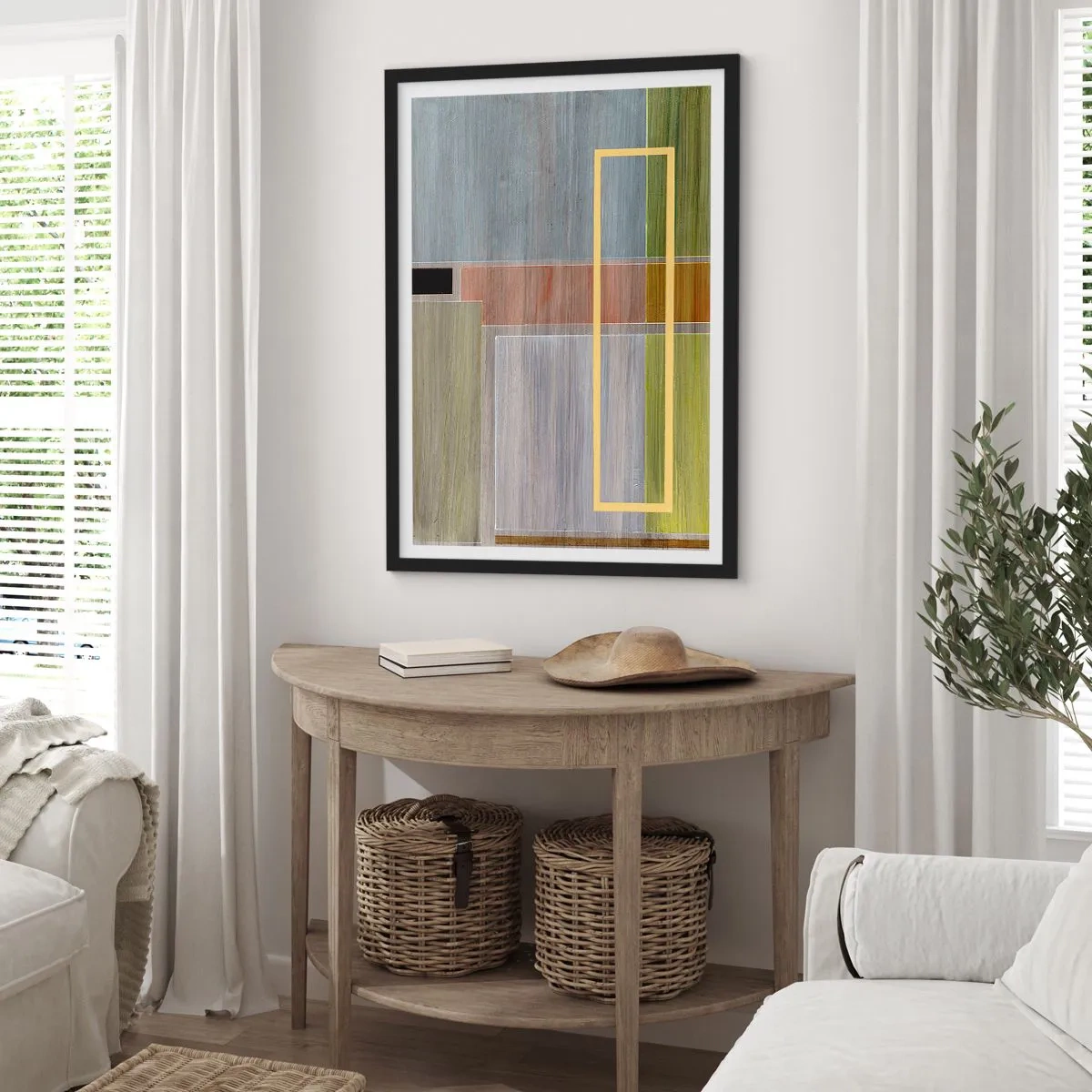 Plakat i sort ramme - Geometrisk abstraktion i dæmpede farver - 50x70cm - Lige og rolig - Moderne vægdekoration til stue og soveværelse ARTTOR