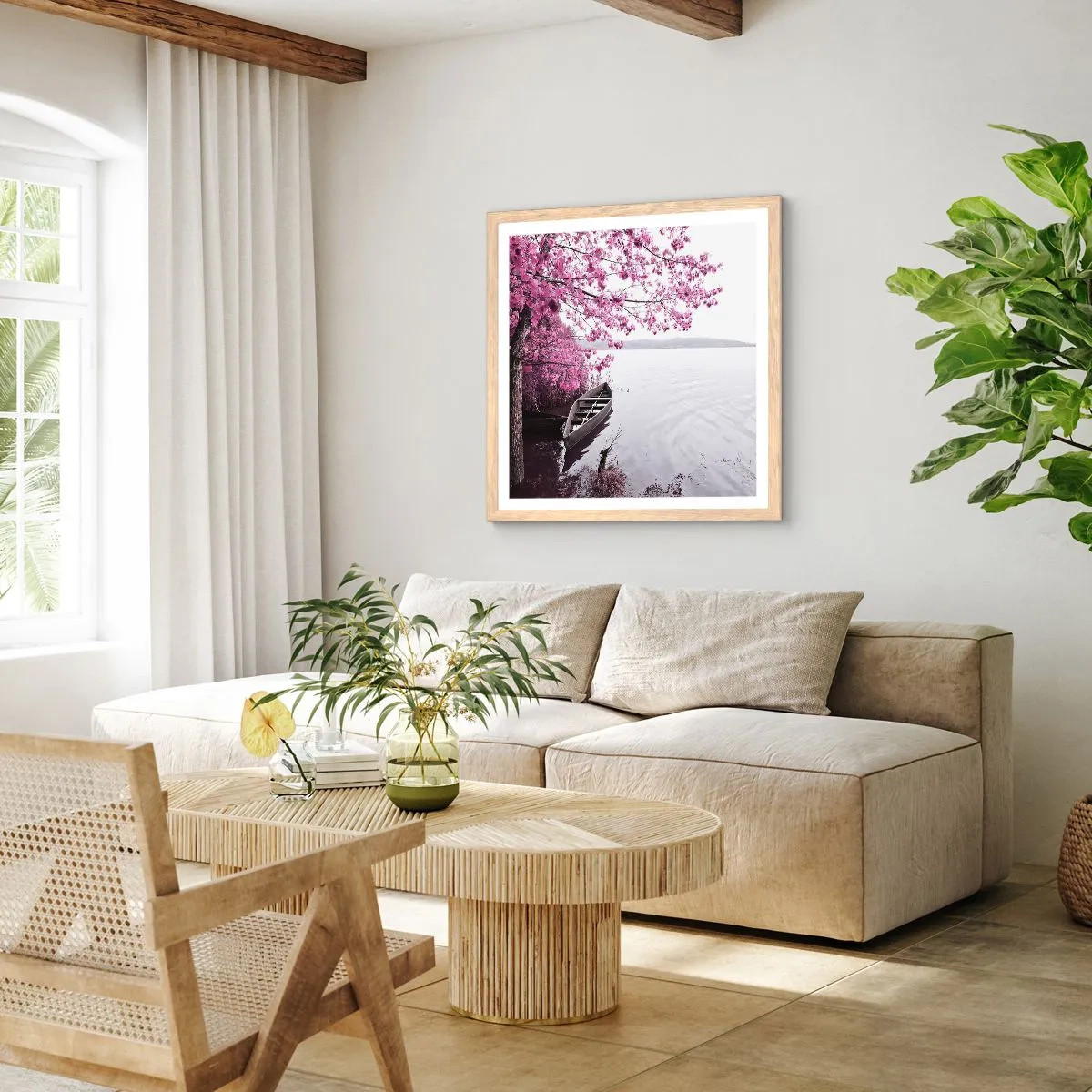 Plakat i ramme af lyst egetræ - I lyserød stilhed - 60x60 cm