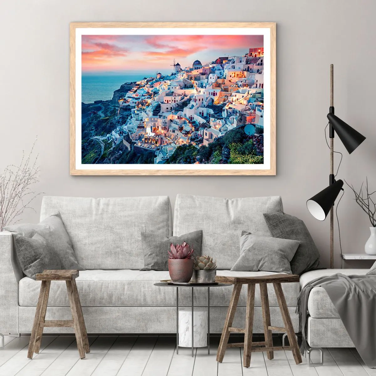 Plakat i ramme af lyst egetræ - Din store græske ferie - 91x61 cm
