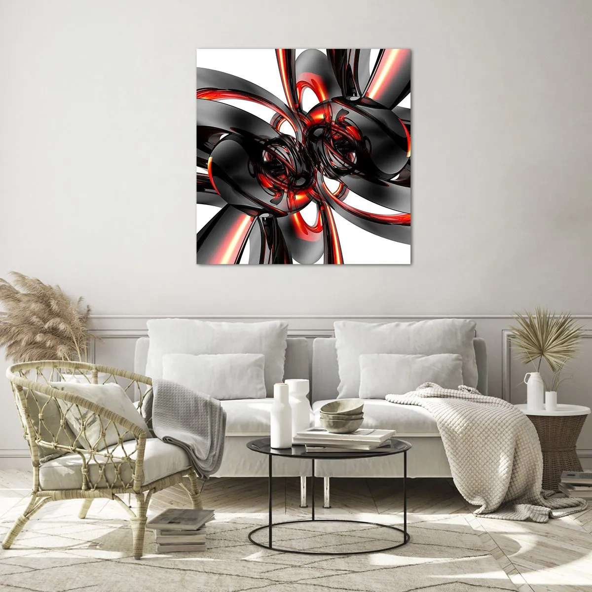 Billede på glas - Bevægelse i grafit og rød - 60x60 cm