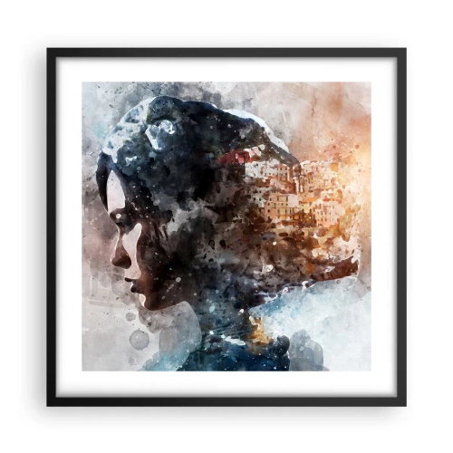 Plakat i sort ramme - Historien om en pige med en by i baggrunden - 50x50 cm