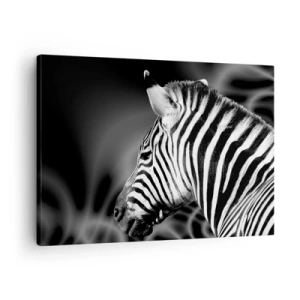 Lærredstryk - Billede på lærred - Sort-hvidt portræt af en zebra mod en baggrund af abstrakte mønstre. - 70x50cm - Hvid er hvid og sort er sort - Moderne vægdekoration til stue og soveværelse ARTTOR