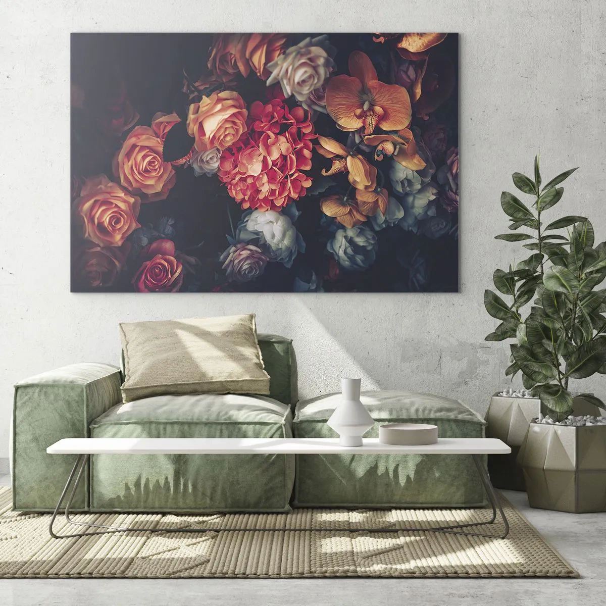 Billede på glas - Mørkt blomsterarrangement med roser og orkideer - 70x50cm - Ligesom de hollandske mestre - Moderne vægdekoration til stue og soveværelse ARTTOR