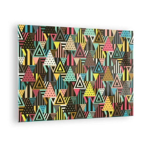 Billede på glas - En abstrakt komposition med trekanter i intense farver. - 70x50cm - I takt på tre - Moderne vægdekoration til stue og soveværelse ARTTOR