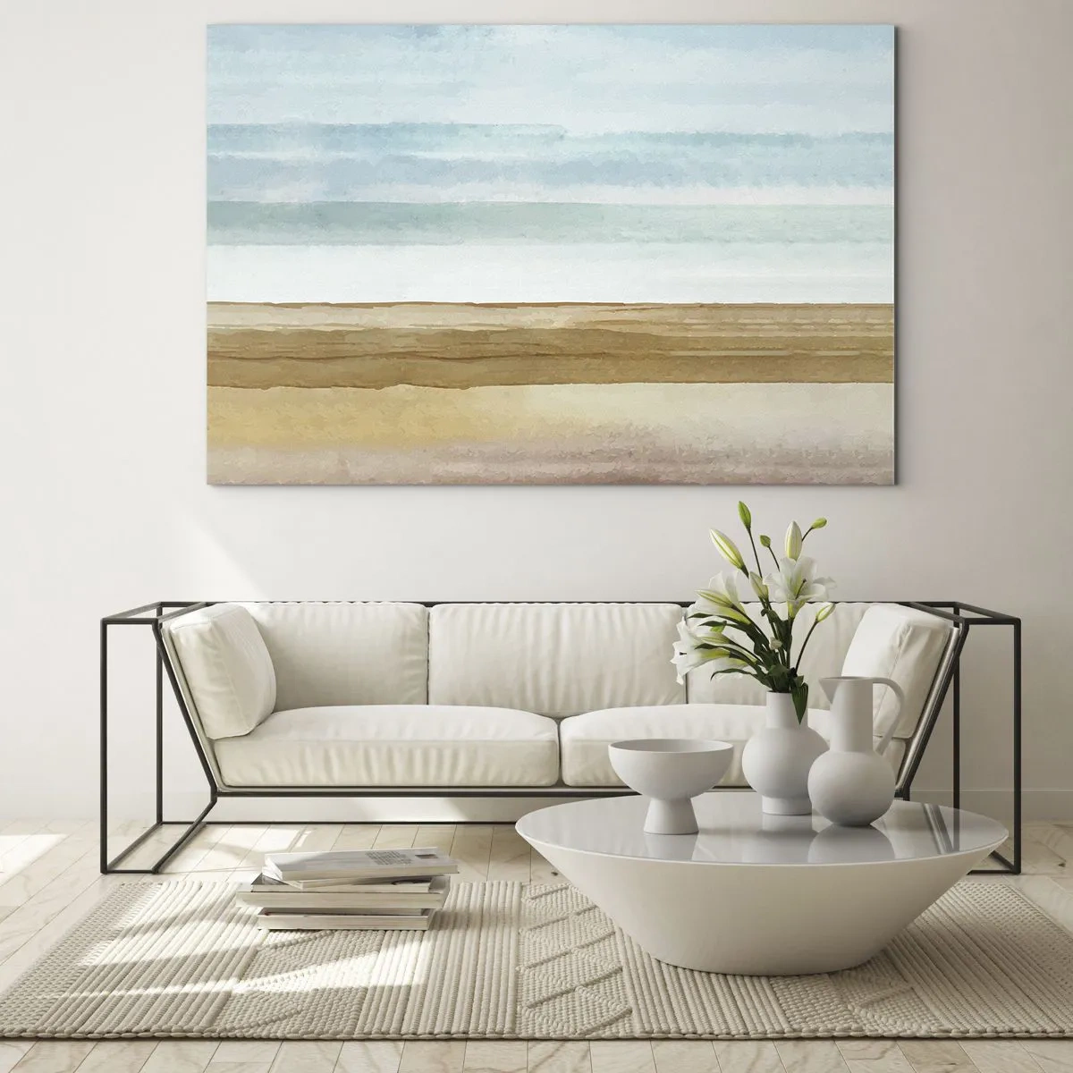 Billede på glas - En minimalistisk strand i pastelfarvestil - 70x50cm - Trøst - Moderne vægdekoration til stue og soveværelse ARTTOR