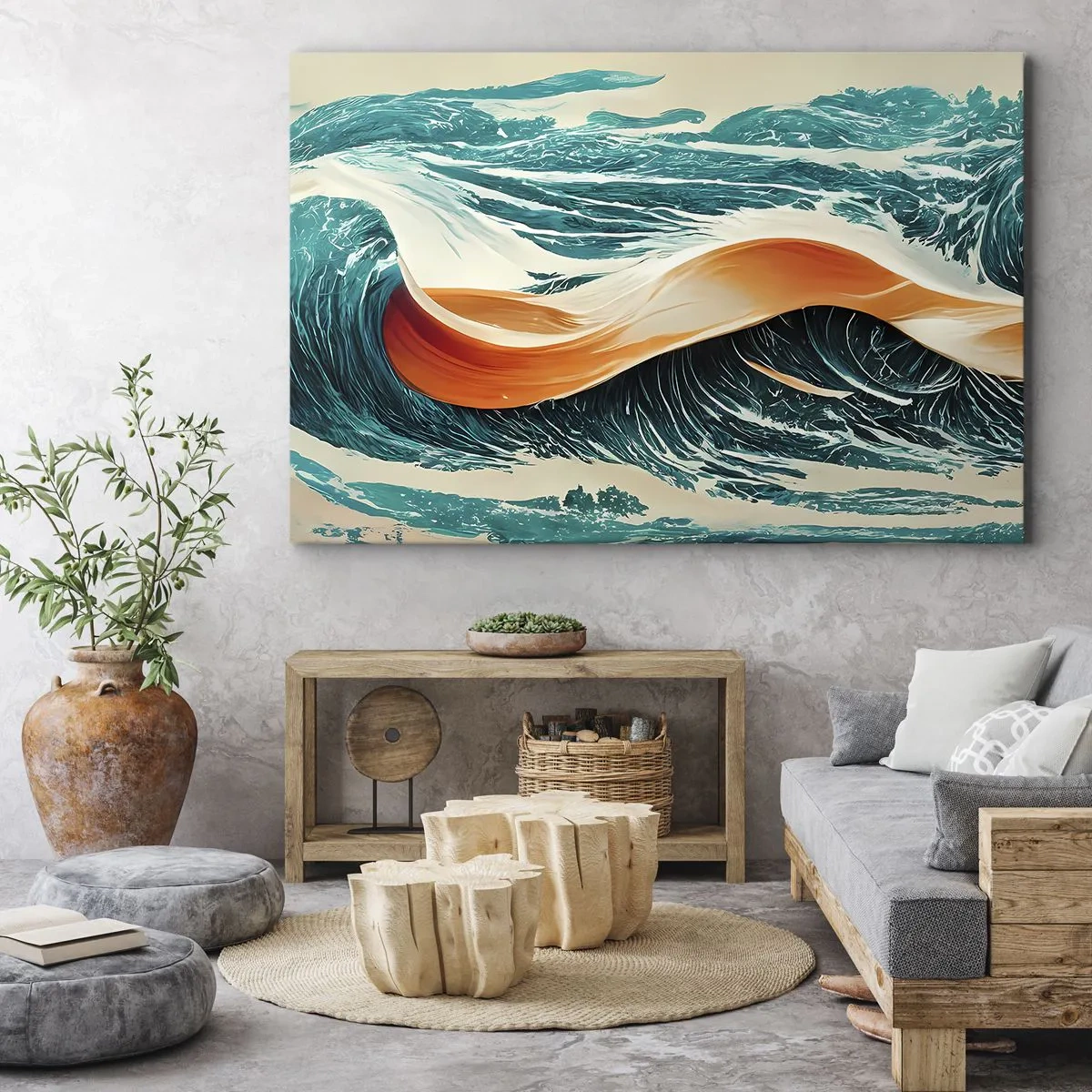 Lærredstryk - Billede på lærred - Dynamiske havbølger med abstrakt bånd - 70x50cm - Surferens drøm - Moderne vægdekoration til stue og soveværelse ARTTOR