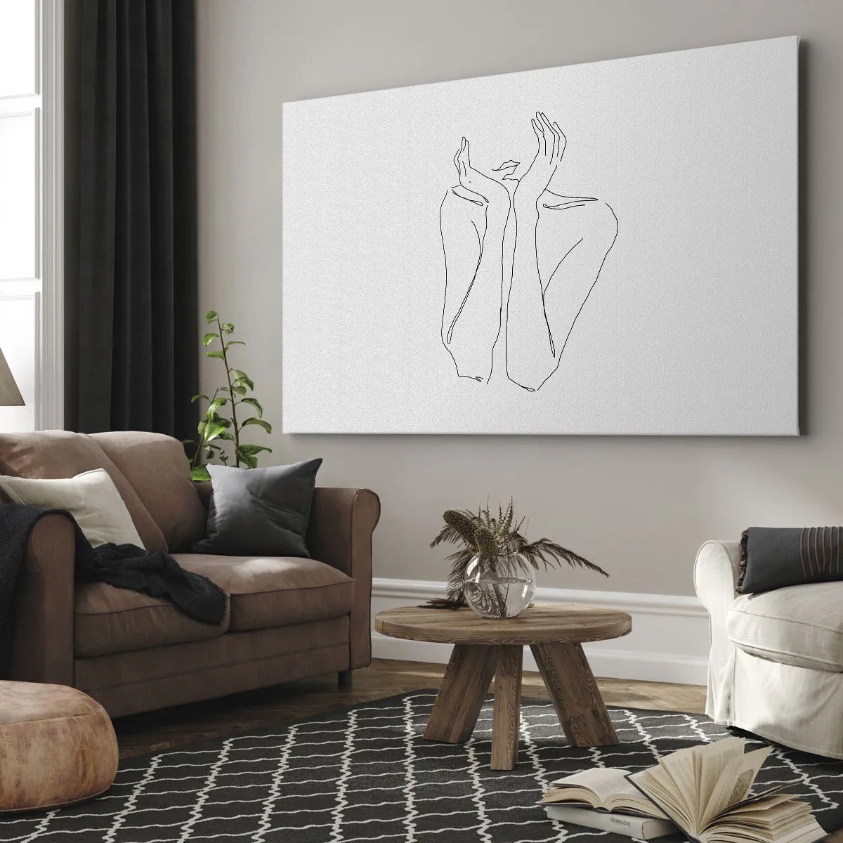 Lærredstryk - Billede på lærred - Minimalistisk stregtegning af ansigt og hænder - 70x50cm - Hvad piger drømmer om - Moderne vægdekoration til stue og soveværelse ARTTOR