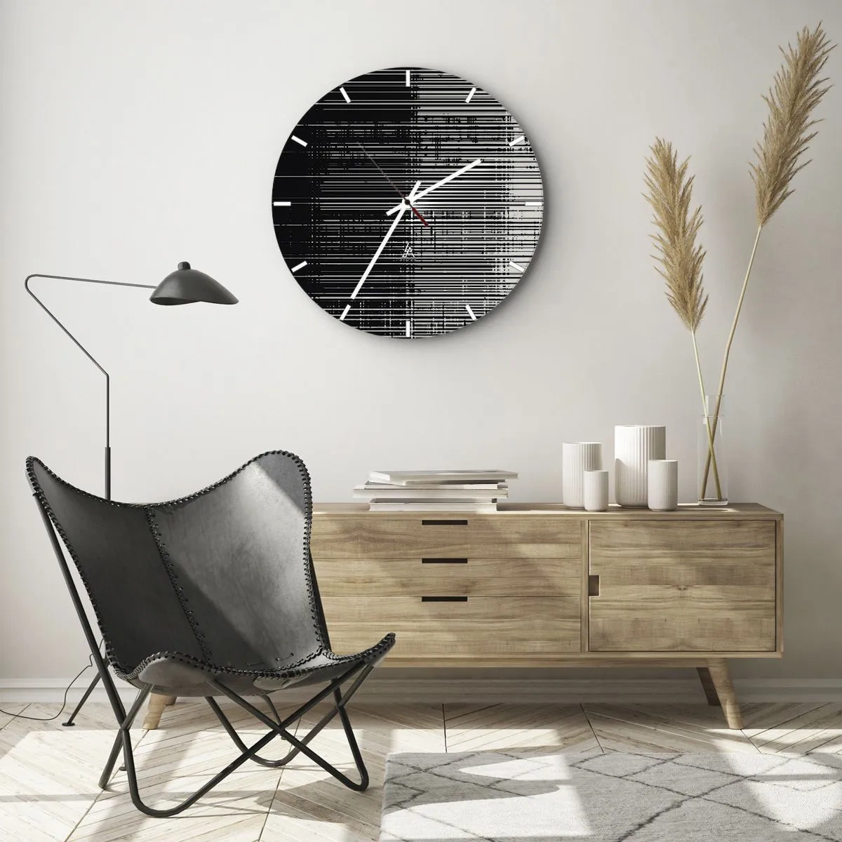 Vægur, Uret - Sorte og hvide striber skaber effekten af bølger og vibrationer - 30x30cm - Bølger og vibrationer - Moderne vægdekoration til stue, køkken og soveværelse ARTTOR
