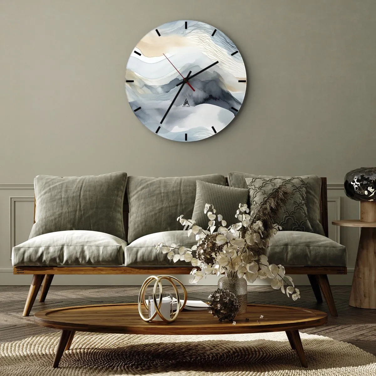 Vægur, Uret - Abstrakt landskab i blå og beige nuancer - 30x30cm - Abstraktion af sne og tåge - Moderne vægdekoration til stue, køkken og soveværelse ARTTOR