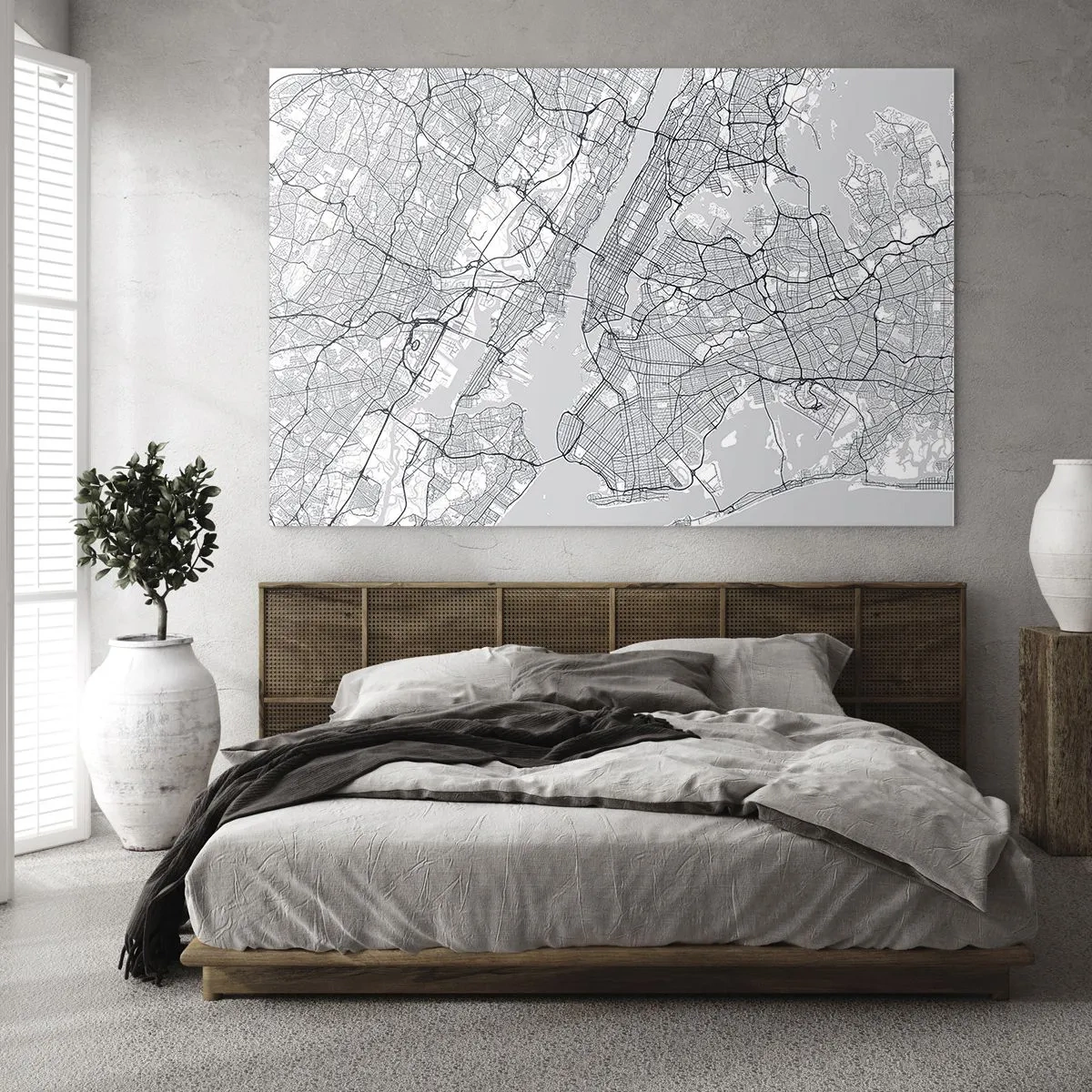 Billede på glas - Et kort over store bygader og distrikter i monokromatisk form - 70x50cm - Anatomi af en storby - Moderne vægdekoration til stue og soveværelse ARTTOR