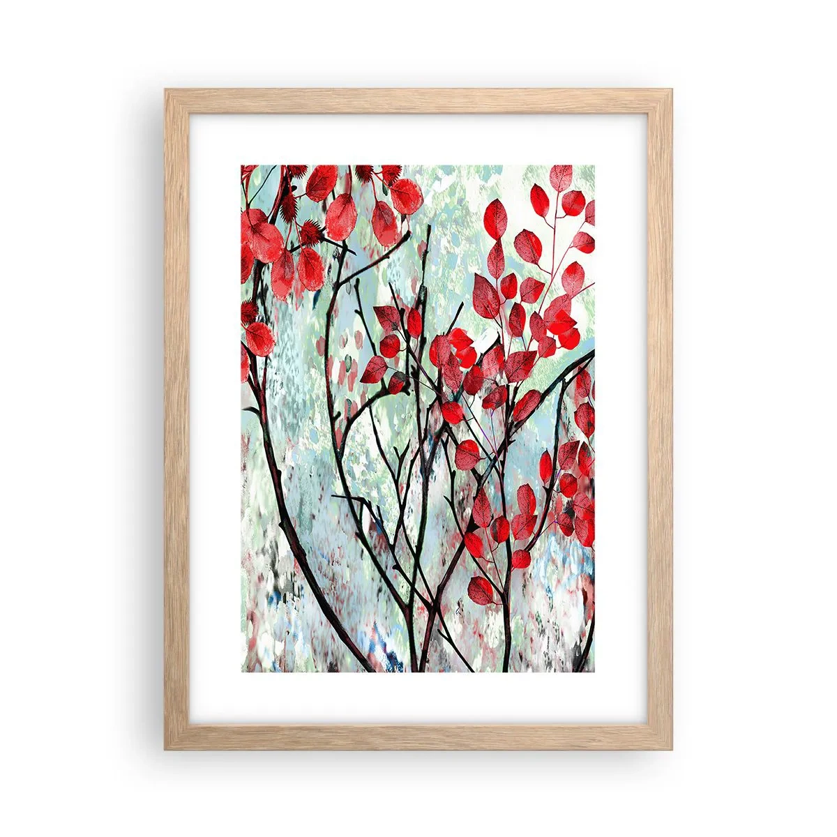 Plakat i ramme af lyst egetræ - Træ i skarlagenrødt - 30x40 cm
