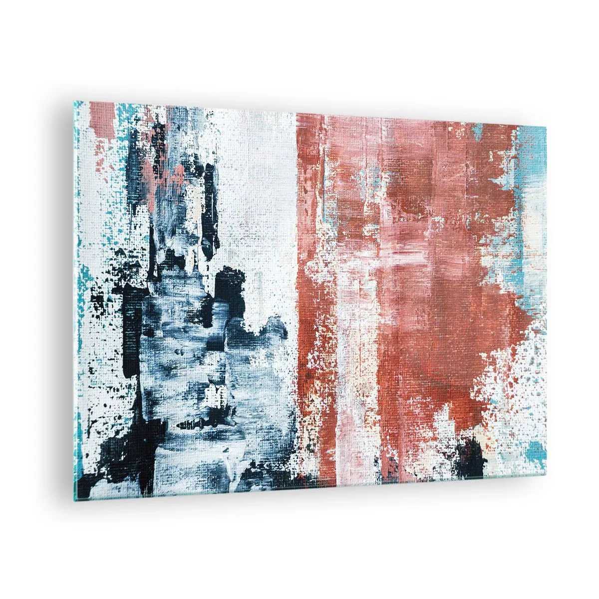 Billede på glas - En abstrakt kombination af blå og rustrød - 70x50cm - Abstrakt halvt og halvt - Moderne vægdekoration til stue og soveværelse ARTTOR