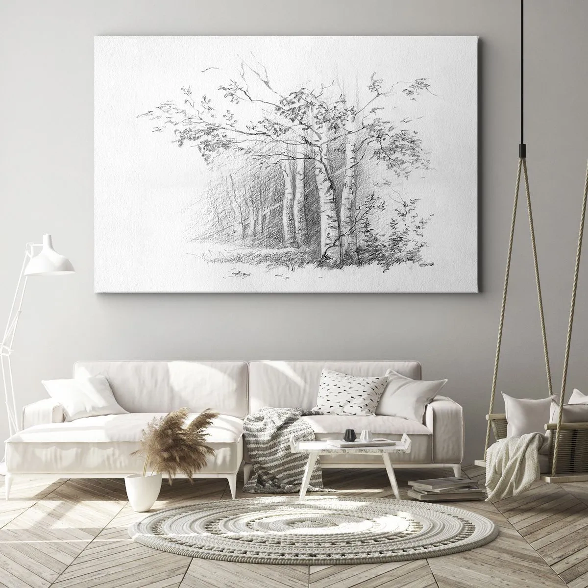 Lærredstryk - Billede på lærred - En tegning af en birkeskov i en diskret blyantskitse - 70x50cm - Lyset fra birkeskoven - Moderne vægdekoration til stue og soveværelse ARTTOR