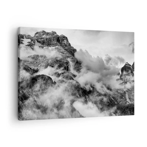 Lærredstryk - Billede på lærred - Sort-hvid udsigt over bjerge omgivet af skyer - 70x50cm - Smukt og grusomt - Moderne vægdekoration til stue og soveværelse ARTTOR