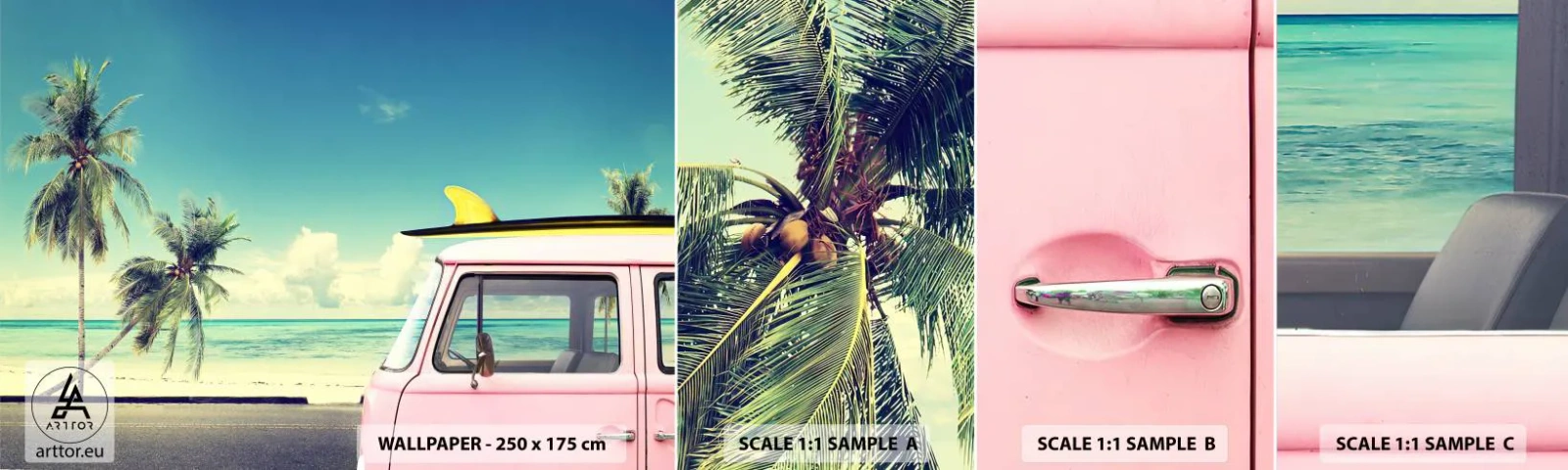 Prøve Fototapet Selvklæbende Deluxe Sticker - Ferietid til at starte - Landskab, Strand, Surfing - 100x30 cm