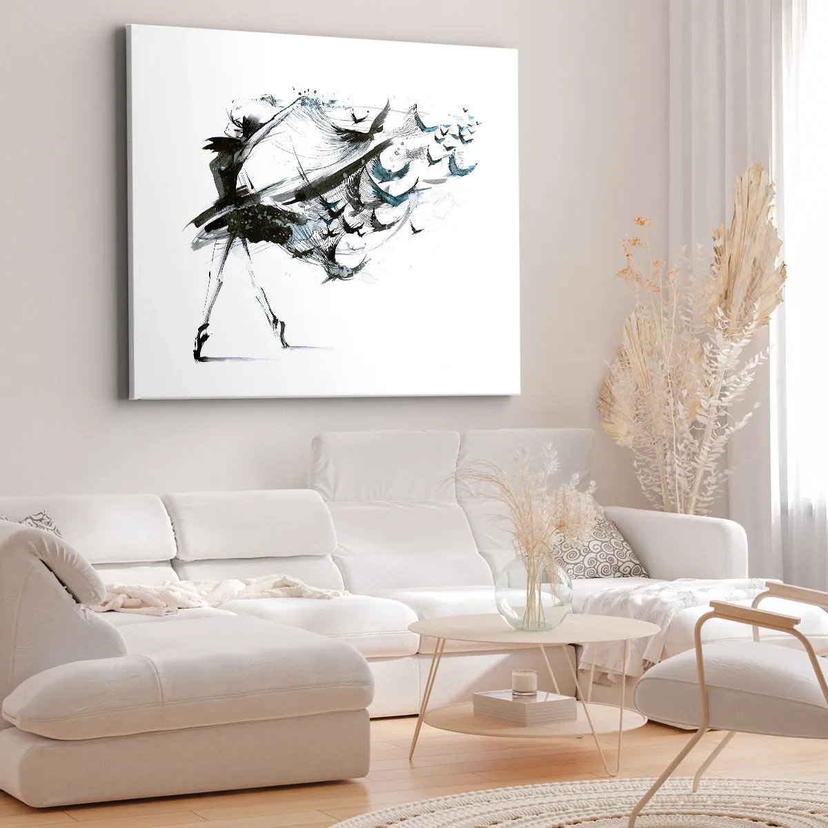 Lærredstryk - Billede på lærred - En danser med en dynamisk kjole formet som fugle - 70x50cm - Musikkens magi sætter dig fri - Moderne vægdekoration til stue og soveværelse ARTTOR