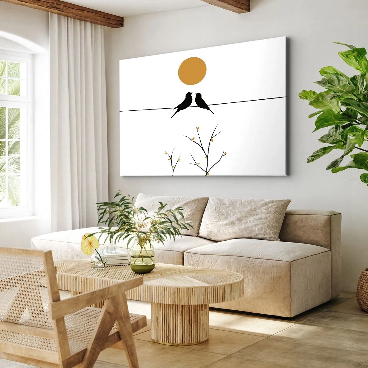 Lærredstryk - Billede på lærred - Fugle på en linje med en gul sol - 70x50cm - Nattergal - Moderne vægdekoration til stue og soveværelse ARTTOR