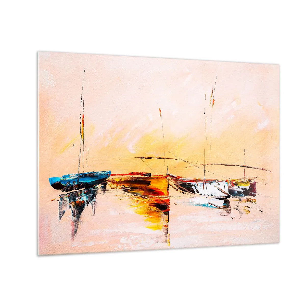 Billede på glas - Farverige både fortøjet mod en impressionistisk solnedgangsbaggrund - 70x50cm - En aften i havnen - Moderne vægdekoration til stue og soveværelse ARTTOR