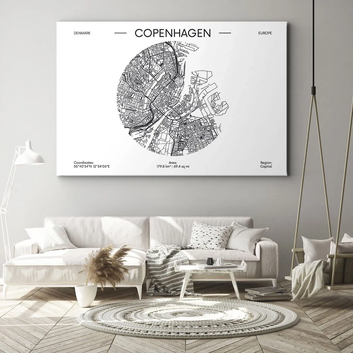 Lærredstryk - Billede på lærred - Et kort over København i minimalistisk sort-hvid stil. - 70x50cm - Københavns anatomi - Moderne vægdekoration til stue og soveværelse ARTTOR