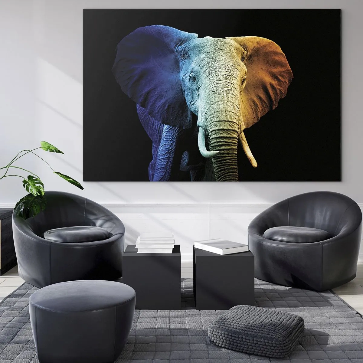 Billede på glas - Farverigt portræt af en elefant på en sort baggrund - 70x50cm - Excentrisk, ikke underlig - Moderne vægdekoration til stue og soveværelse ARTTOR
