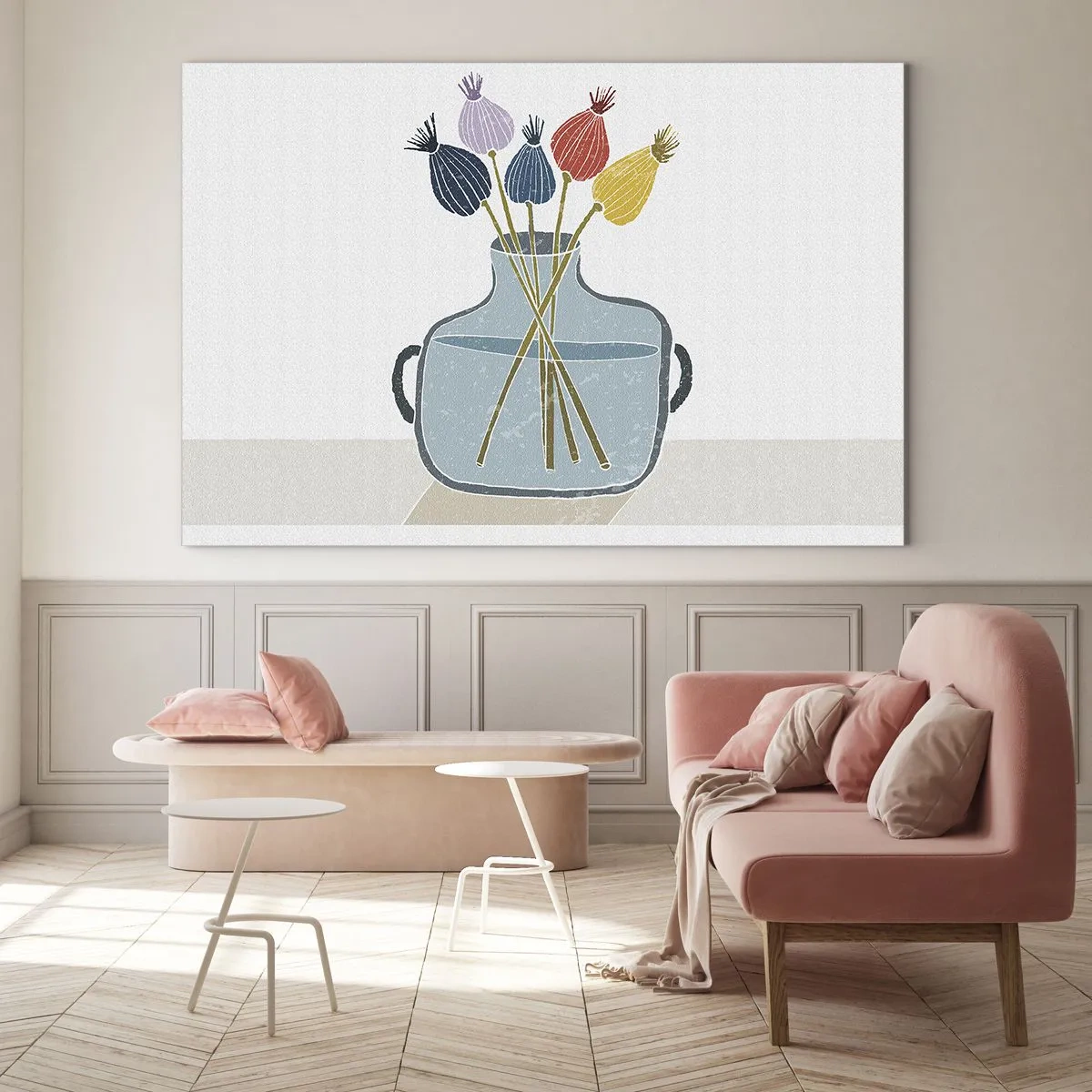 Billede på glas - Dekorative valmuehoveder i en kande i grafisk stil - 70x50cm - Som et valmuefrø - Moderne vægdekoration til stue og soveværelse ARTTOR