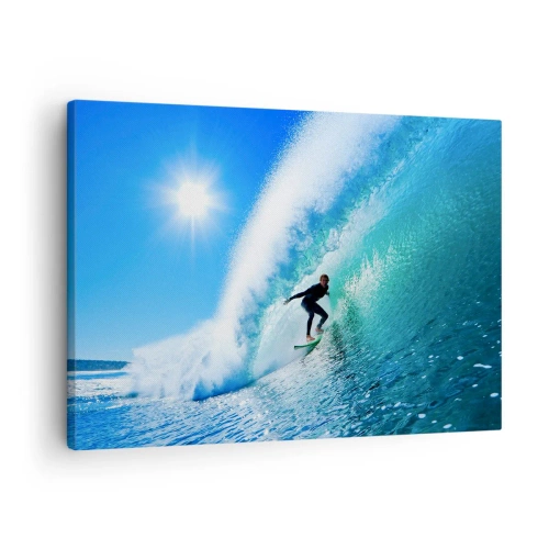Lærredstryk - Billede på lærred - En surfer på et bræt rider inde i en kraftig bølge under en blå himmel. - 70x50cm - Gennem den store blå - Moderne vægdekoration til stue og soveværelse ARTTOR
