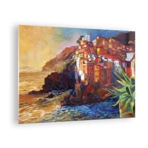 Billede på glas - En farverig by på en klippe med udsigt over havet - 70x50cm - Italiensk atmosfære - Moderne vægdekoration til stue og soveværelse ARTTOR