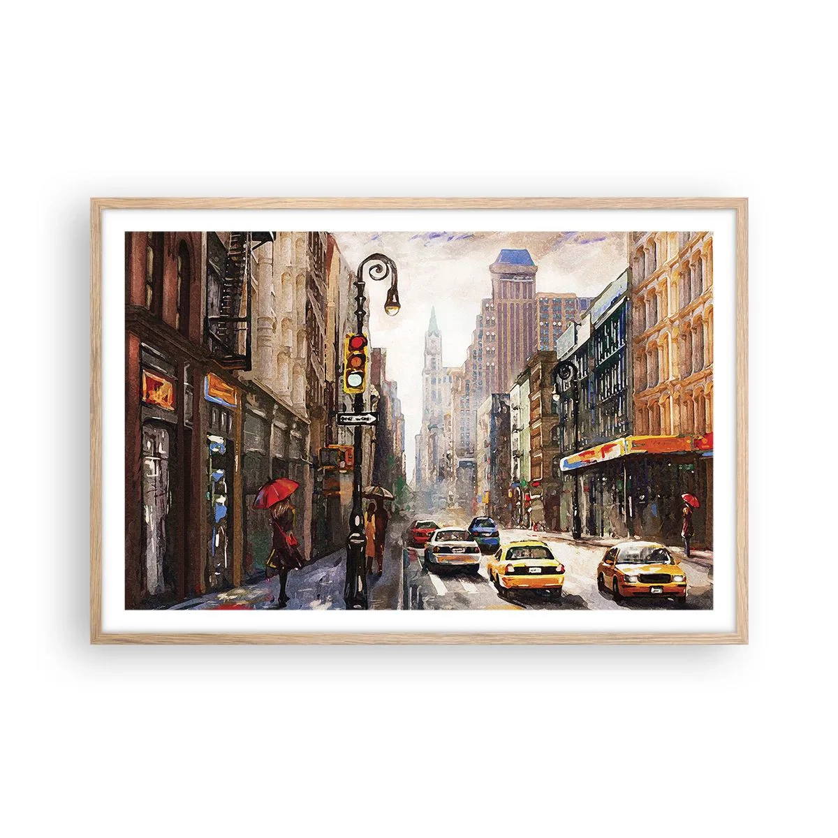 Plakat i ramme af lyst egetræ - New York - også farverig i regnvejr - 91x61 cm
