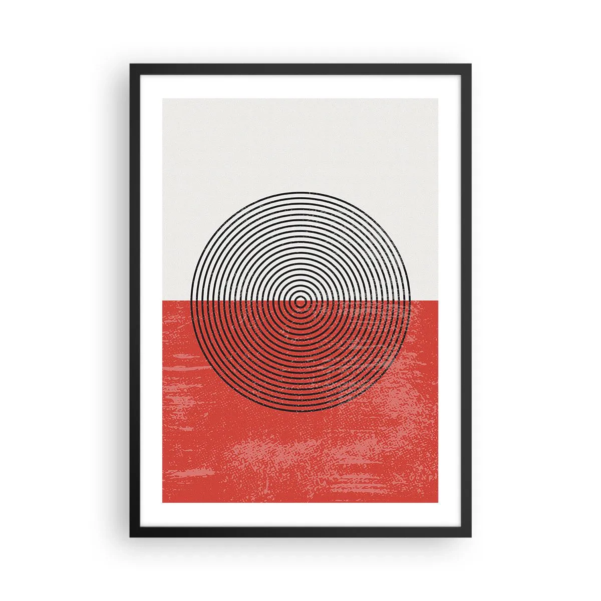 Plakat i sort ramme - Geometrisk komposition med cirkler på en rød og hvid baggrund - 50x70cm - Lige til sagen - Moderne vægdekoration til stue og soveværelse ARTTOR