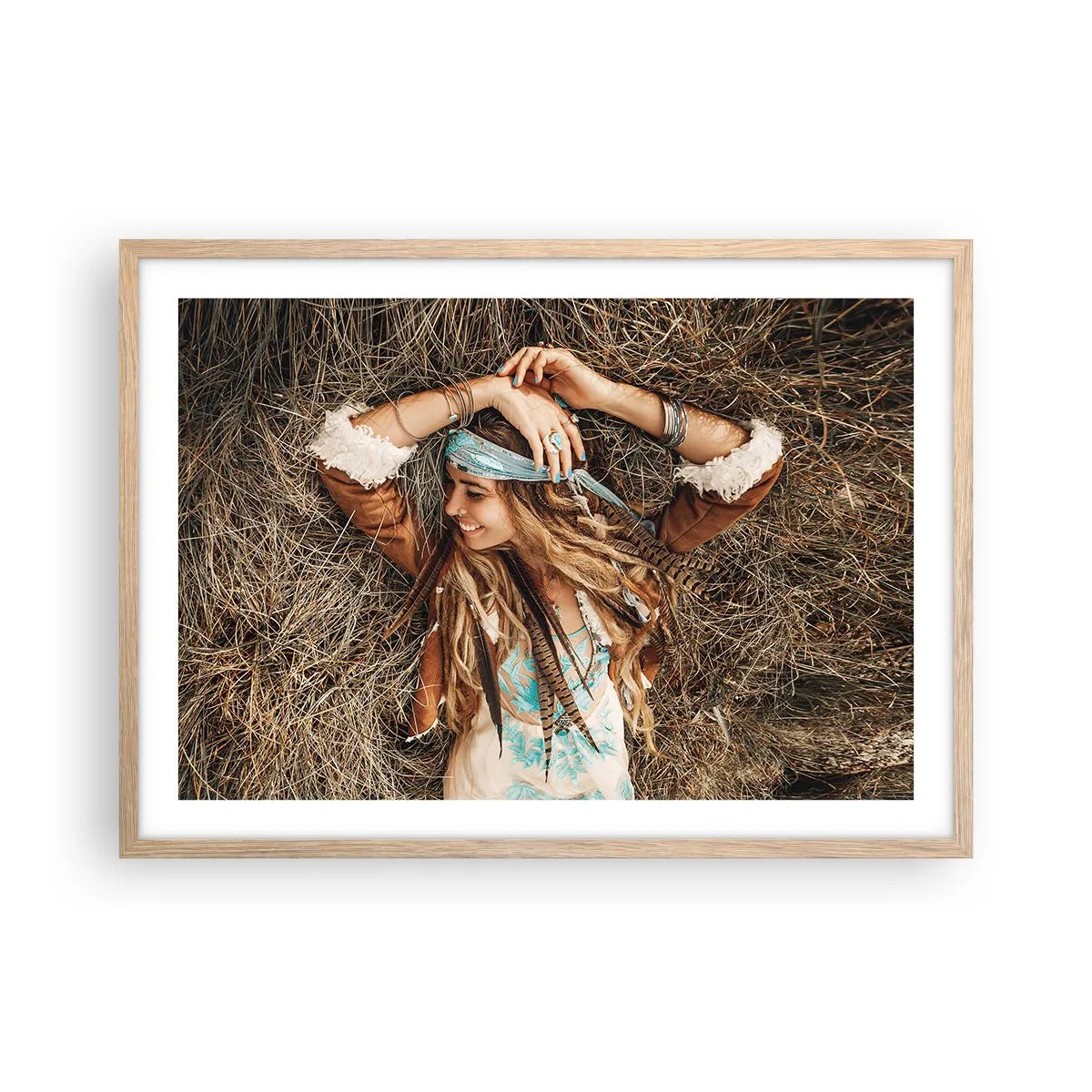 Plakat i ramme af lyst egetræ - På vej til kærlighedens sommer - 70x50 cm