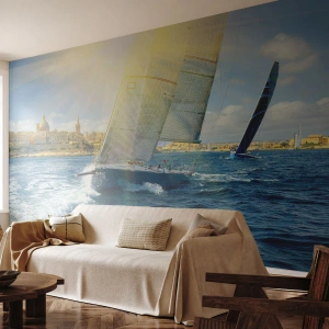 Fototapet Selvklæbende Deluxe Sticker - Tid til at forlade byen - By, Hav, Yacht - 100x70 cm