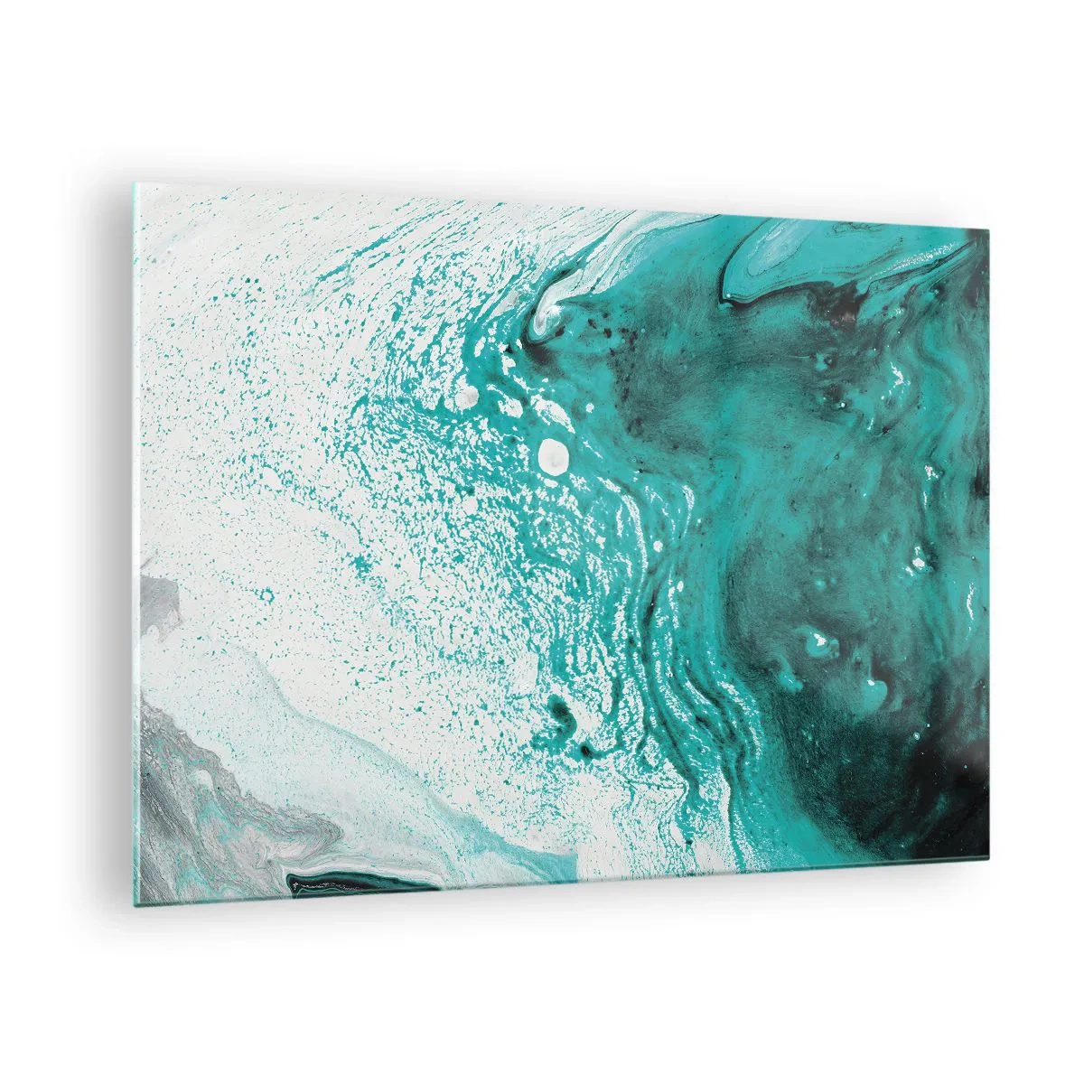 Billede på glas - Et abstrakt maleri i nuancer af hvid og turkis - 70x50cm - Opløses i hvidt og turkis - Moderne vægdekoration til stue og soveværelse ARTTOR