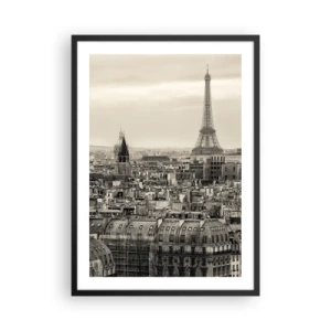 Plakat i sort ramme - Panorama over Paris med Eiffeltårnet i sepia-toner - 50x70cm - Over Paris' hustage - Moderne vægdekoration til stue og soveværelse ARTTOR