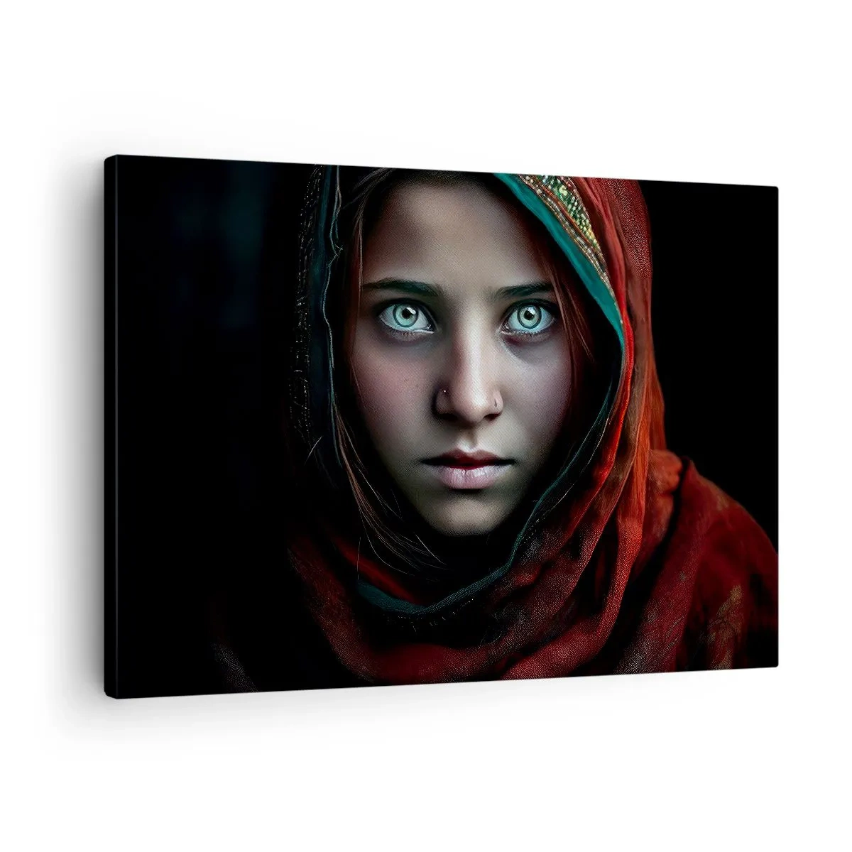 Lærredstryk - Billede på lærred - Portræt af en kvinde med et intenst blik i varme farver - 70x50cm - Østens prinsesse - Moderne vægdekoration til stue og soveværelse ARTTOR
