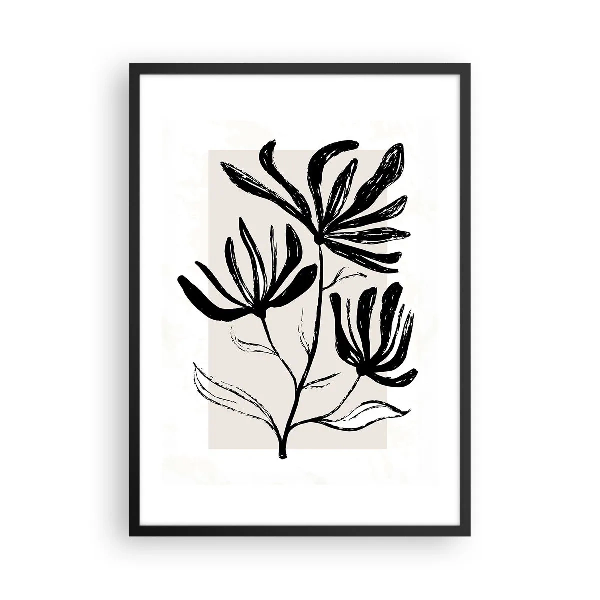 Plakat i sort ramme - Sort-hvid illustration af blomster på en beige baggrund - 50x70cm - Skitse til et herbarium - Moderne vægdekoration til stue og soveværelse ARTTOR