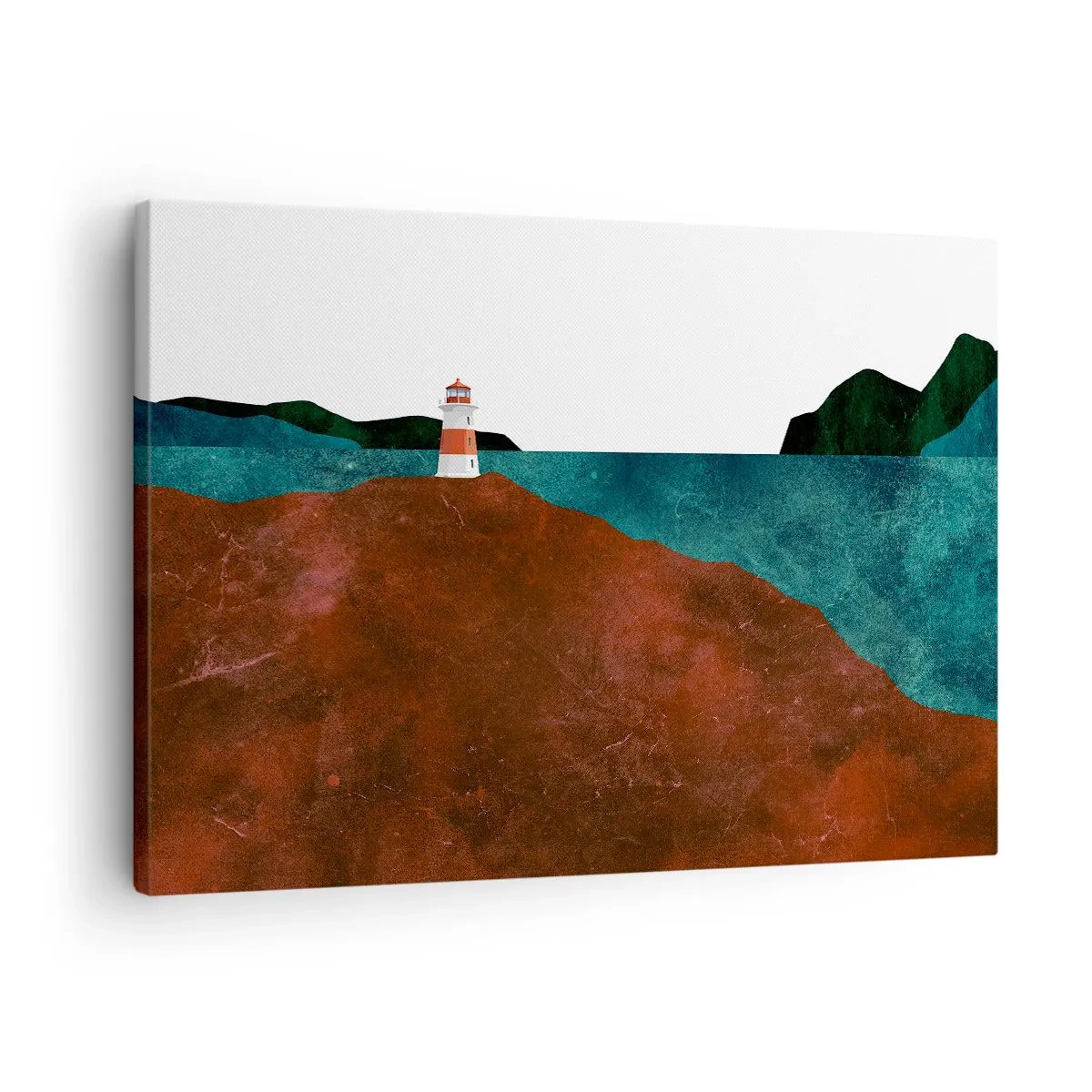 Lærredstryk - Billede på lærred - Et fyrtårn med bjerge og hav som baggrund - 70x50cm - Med blikket rettet mod havet - Moderne vægdekoration til stue og soveværelse ARTTOR