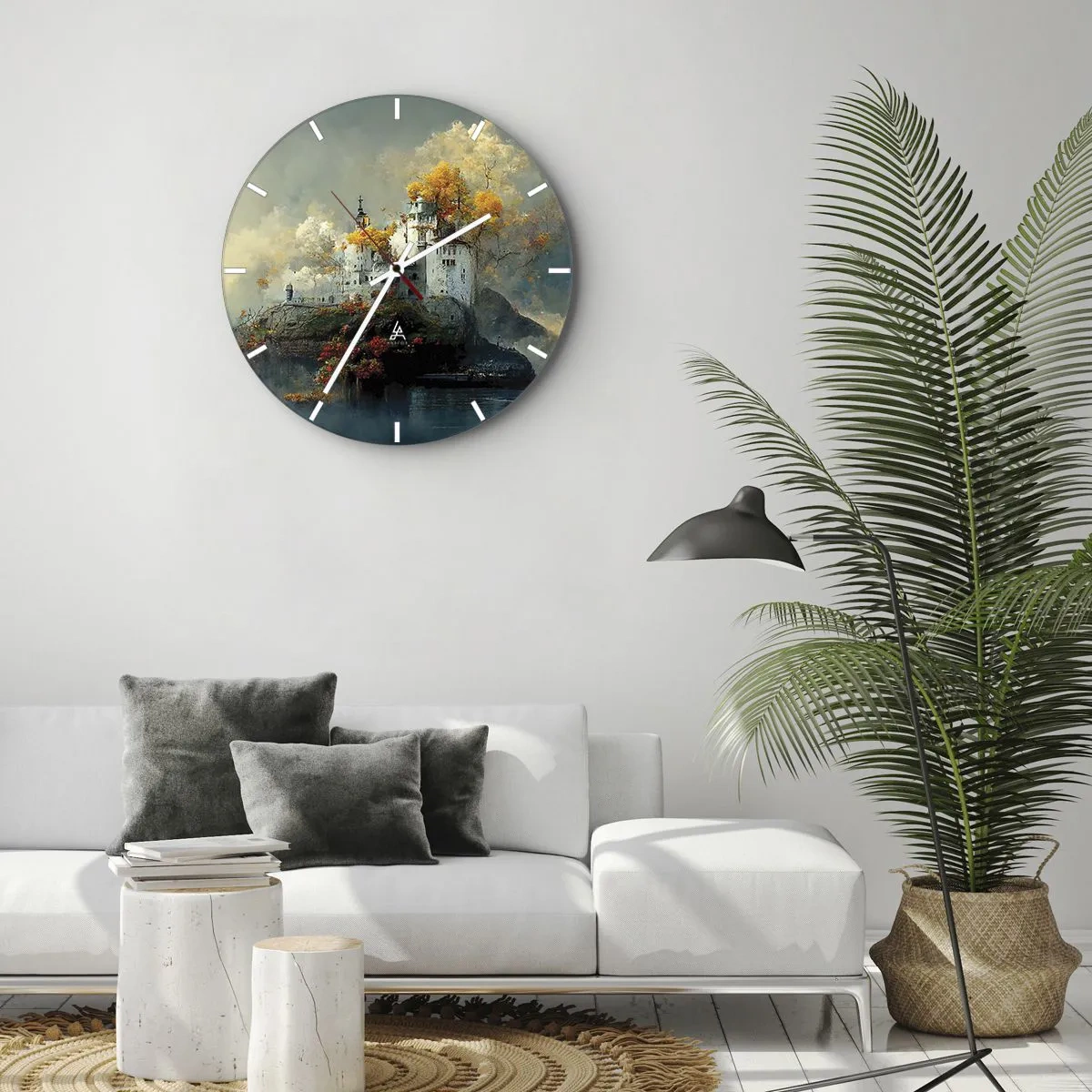 Vægur, Uret - Et eventyrslot på en bakke omgivet af efterårstræer - 30x30cm - Begyndelsen på en romantisk historie - Moderne vægdekoration til stue, køkken og soveværelse ARTTOR