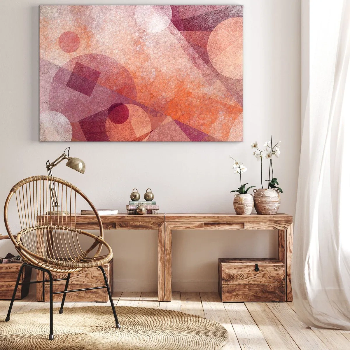 Lærredstryk - Billede på lærred - Abstrakte geometriske former i pastelfarvede lyserøde nuancer - 70x50cm - Geometriske transformationer i pink - Moderne vægdekoration til stue og soveværelse ARTTOR